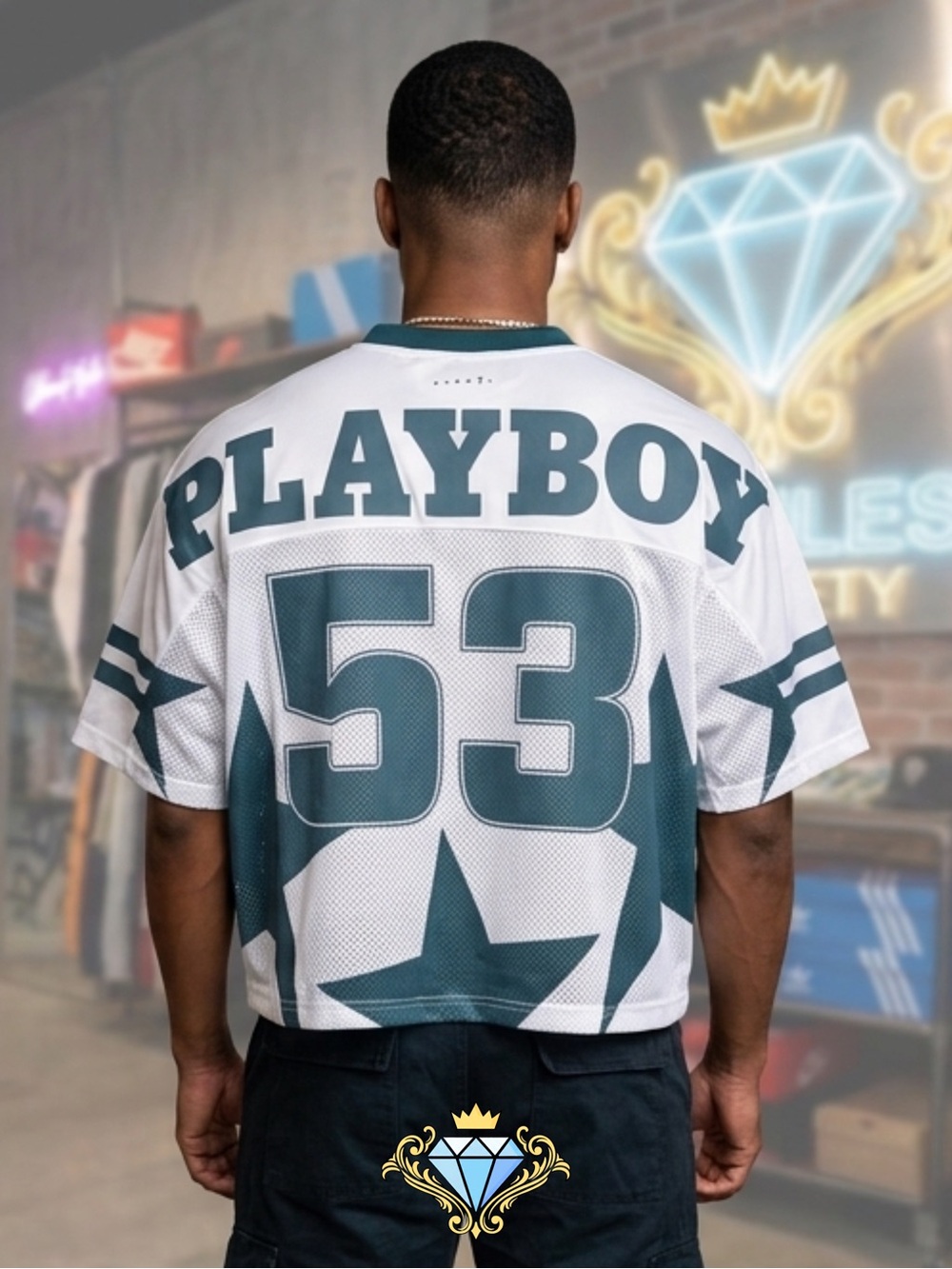 Sumwon x Playboy Men’s Oversized Boxy Cropped Mesh Football Jersey | Size Large